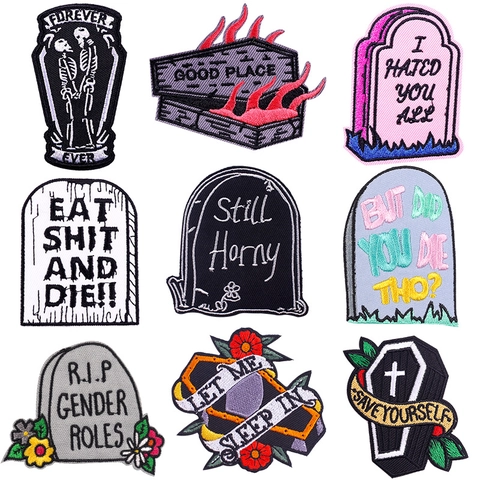 Toppe Ricamate Gothic Punk Lapide Bara Scheletro da Stirare Stemmi Ricamati per Abbigliamento Applicazioni Decorative Fai da Te