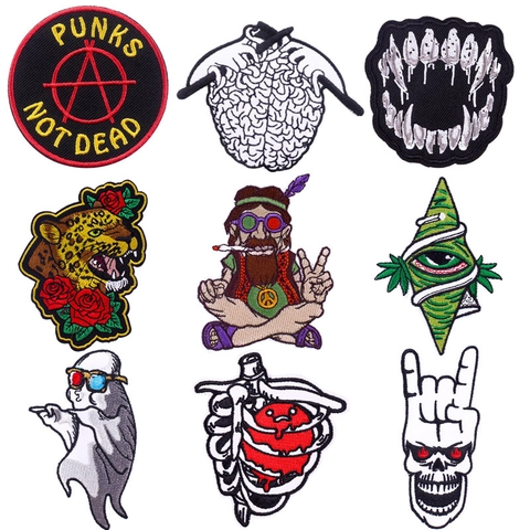 Punk Rock Embroidered Patches With Adhesive Backing DIY Skull Brain Ribcage Patches For Clothing Backpack Decorative Appliques