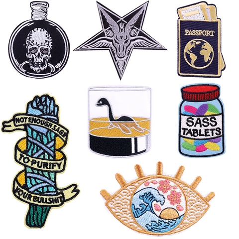 Punk Gothic Embroidered Patches For Clothing DIY Iron On Patches For Jackets Backpacks Skull Passport Monster Appliques Decorative Embroidery Badges