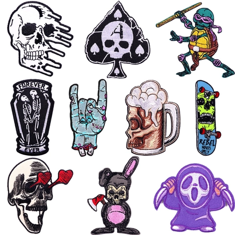 Parche Bordado Calavera Punk Gótico Esqueleto Cerveza Ataúd Pica Corazón Parches Termoadhesivos Para Ropa Mochila Gorra DIY