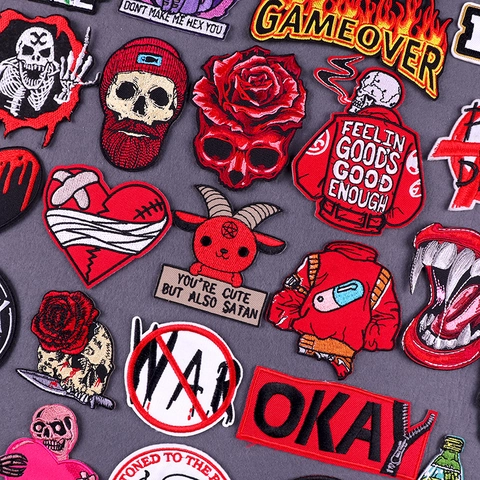 Punk Rock Totenkopf Herz Rose Stickerei Aufnäher DIY Zum Aufnähen Applikation Für Kleidung Tasche Jacke Hut Gotik