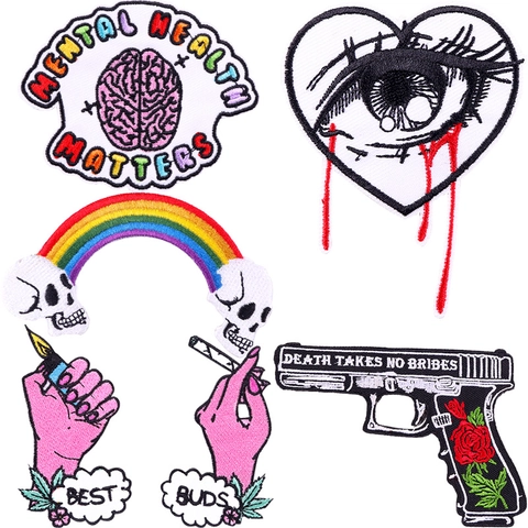 Punk Stil Stickerei Aufnäher Für Kleidung DIY Bügelbilder Pistole Gehirn Herz Totenkopf Muster Bekleidungszubehör