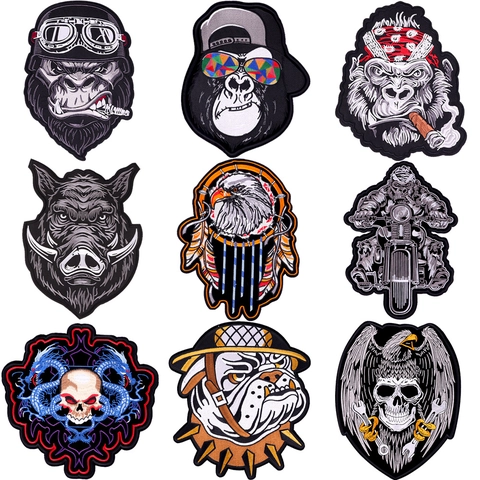 Biker Punk Großer Aufnäher Bestickt Gorilla Tiger Wolf Adler Totenkopf Zum Aufbügeln Applikation Für Jacken Denim DIY Deko