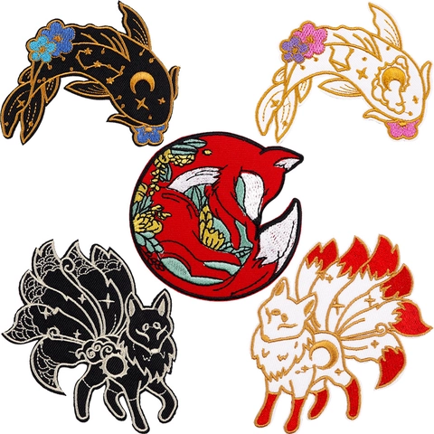 Japanese Style Embroidered Koi Fox Patch Nine-Tailed Fox Iron On Patches For Clothing DIY Decoration Applique Repair Patches