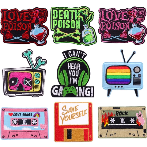 Écussons Brodés Punk Thermocollants Rétro Poison Squelette TV Manette De Jeu Cassette Disquette Applique Décorative Pour Vêtements DIY