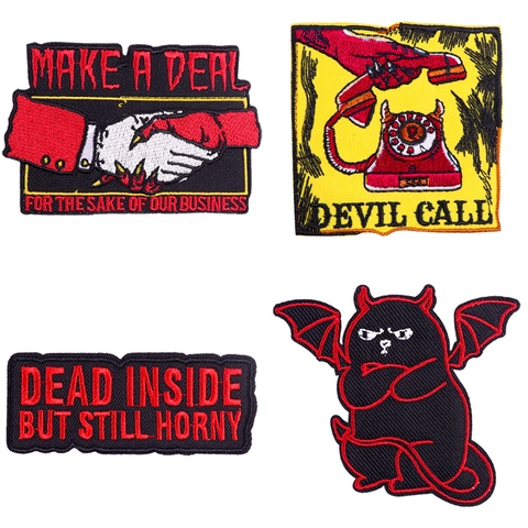 Devil Cat Phone Handshake Embroidery Patch DIY Iron On Sew On Appliques For Jackets Bags Jeans Gothic Punk Style Decor
