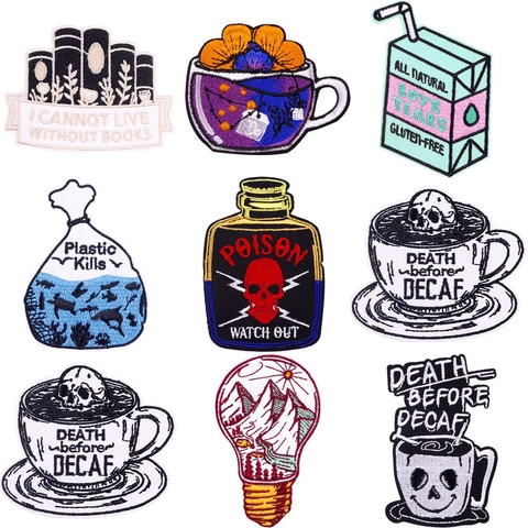 Punk Style Embroidery Patches For Jackets Hats Bags Skull Coffee Cup Book Poison Bottle Creative DIY Iron On Cloth Stickers