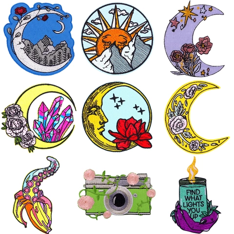 Parches Bordados Coloridos Luna Estrella Flor Respaldo Adhesivo Cámara Dibujos Animados Parches Decorativos Para Ropa