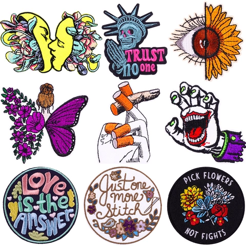 Parche Bordado Dibujos Animados Termoadhesivo Aplique De Costura Decoración Ropa DIY Estilo Punk Pop Art Calavera Flor Corazón
