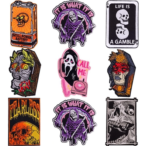 Punk Crâne Écussons Brodés Gothique Horreur La Faucheuse Cercueil DIY Vêtements Appliqué à Repasser pour Vestes Jeans Décor