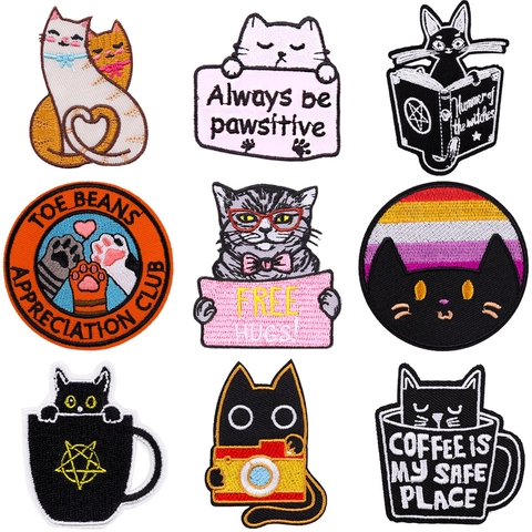 Cartoon Cat Embroidered Patches Iron On Cute Animal Cloth Stickers For Clothing T-Shirt Jacket Backpack Decorative Sewing Appliques