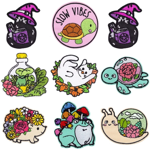 Parches Bordados de Animales de Dibujos Animados Lindo Gato Rana Erizo Caracol Parche Termoadhesivo DIY Decoración de Costura