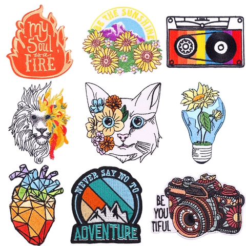 Bestickte Aufnäher Cartoon Tier Blume Sonnenblume Herz Kamera Retro Tape DIY Bügelbilder Applikation Badge Kleidung Dekor