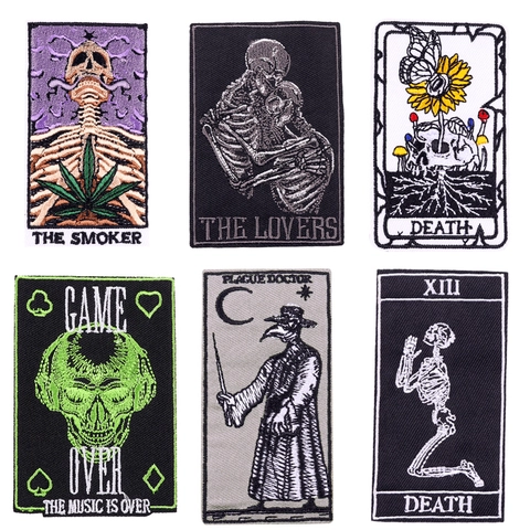 Gothic Tarot Skelett Stickerei Aufnäher Tod Liebhaber Pestdoktor Totenkopf Patches Für Kleidung Jacke DIY Dekoration