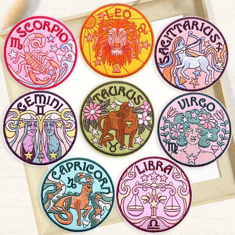 Zodiac Signs Embroidery Patches Circular Cartoon Iron On Sew On Applique DIY Decorative Badge For Clothes Jacket Bag Hat Accessories