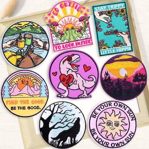 Vintage Cartoon Landschaft Stickerei Aufnäher Zum Aufbügeln Sonne Outdoor Szenerie Slogan Abzeichen Für Kleidung Rucksack DIY Zubehör