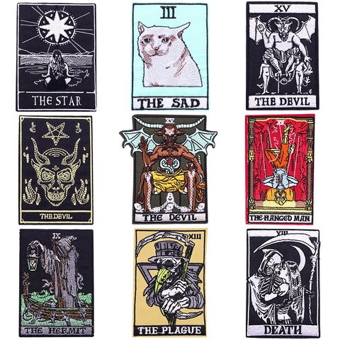 Punk Tarotkarte Stickerei Aufnäher Gothic Totenkopf Pestdoktor Bügelbilder Für Kleidung DIY Jacke Dekorative Applikation