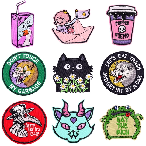 Cartoon Animal Embroidered Patches Funny Cat Opossum Frog Slogan Iron On Appliques For DIY Clothing Bags Hats Accessories