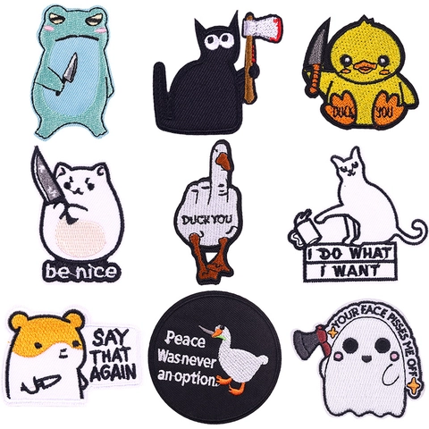 Écusson Brodé Animal de Dessin Animé Drôle Chat Grenouille Oie Fantôme Avec Couteau Patch à Repasser Pour Vêtements Sac DIY