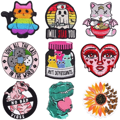 Parche De Bordado De Gato Dinosaurio Punk DIY Aplique Termoadhesivo Para Ropa Chaqueta Vaquera Parche Bordado
