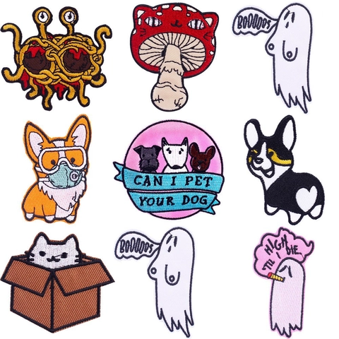 Cartoon Tiere Stickereiaufnäher Für Kleidung DIY Aufbügeln Corgi Hund Katze Geist Applikationen Für Jacken Hüte Rucksäcke Dekorative Aufnäher