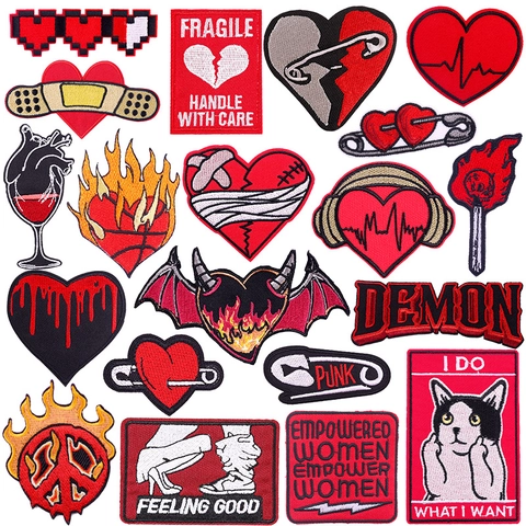 Red Heart Embroidery Patches Punk Style Embroidered Applique Sew On Iron On For Clothes Bags Jackets DIY Decorative Badges