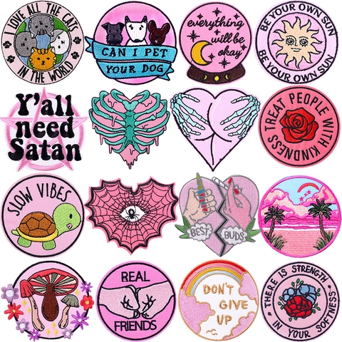 Rosa Herz Blume Tier Stickerei Patches Zum Aufbügeln Aufnähen Applikation Abzeichen Für Kleidung Hut Tasche Dekorative Aufkleber