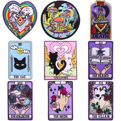 Gotische Tarotkaart Geborduurde Patches Vintage Schedel Kat Paddestoel Strijkapplicaties Voor Kleding Jas Hoed DIY Decor Patch