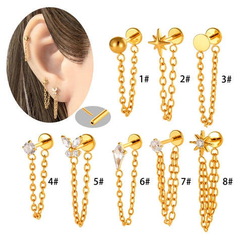 Joyas de Piercing de Cadena de Borlas de Titanio G23 para Mujer Pendiente Labret de Presión Mariposa Estrella Pendientes de Circonia Geométrica