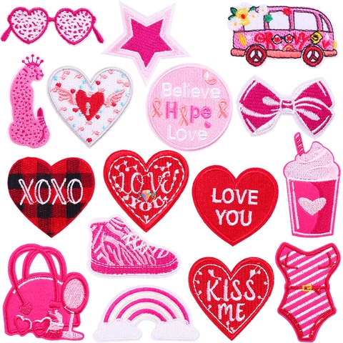 Toppe Ricamate a Cartone Animato Rosa Toppe Termoadesive Cuore Leopardo Autobus Scarpe Toppe Decorative Fai-da-te per Vestiti