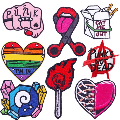 Punk Stickerei Aufnäher Set Cartoon Herz Regenbogen Skelett Bügelbilder Für Kleidung Rucksäcke Hüte DIY Dekoration