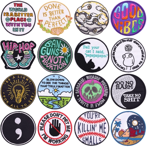 Cartoon Landscape Animal Embroidery Patches DIY Clothing Iron On Patch Personalized Cat Quotes Decorative Stickers For Bags Jackets
