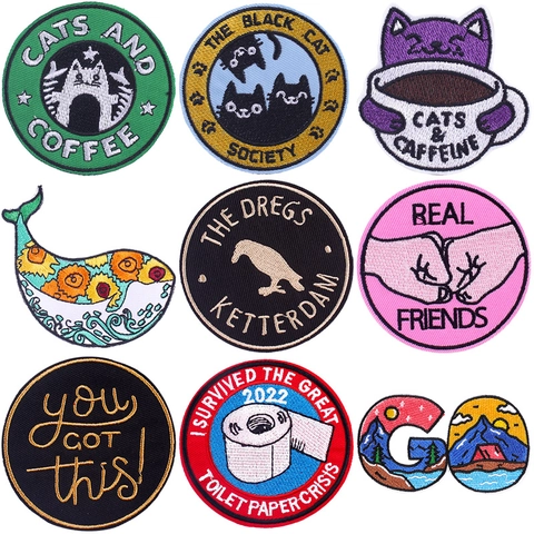 Cartoon Kat Walvis Geborduurde Patches Voor DIY Kleding Rugzak Decoratie Artistieke Slogan Strijken Op Naaien Borduurwerk Patch
