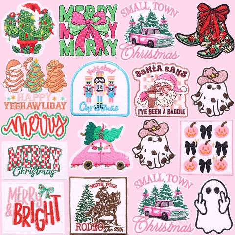 Festive Christmas Halloween Embroidered Patches Embroidery Thread Western Cowboy Santa Ghost Iron On Appliques For Clothes Bags Decor