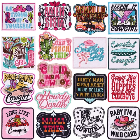 Western Cowgirl Embroidery Patches Pink Cowboy Boots Hat Cactus Iron On Applique For Clothing DIY Retro Style Embroidered Decor
