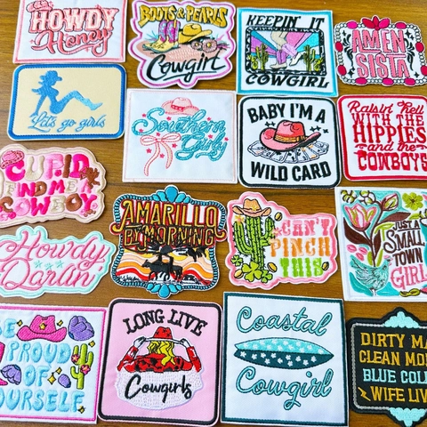 Western Cowgirl Embroidery Patches Pink Cowboy Boots Hat Cactus Iron On Applique For Clothing DIY Retro Style Embroidered Decor