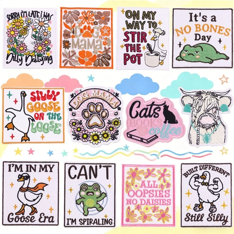 Cartoon Animal Frog Cat Goose Embroidered Patches Iron On Patch For Clothing Bag DIY Decoration Flower Slogan Applique Sewing Accessory