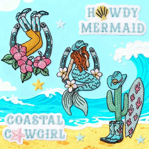 Embroidered Coastal Cowgirl Patch Summer Beach Mermaid Cactus Boots Surfboard DIY Iron On Applique Decorative Clothing Patch