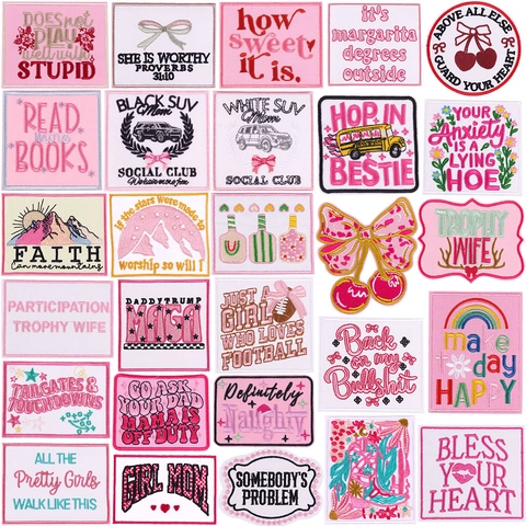 Pink Cartoon Inspirational Slogan Embroidery Patches Iron On Badges For Clothing Bag Hat DIY Decoration Flower Hearts Applique
