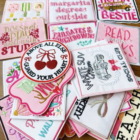 Pink Cartoon Inspirational Slogan Embroidery Patches Iron On Badges For Clothing Bag Hat DIY Decoration Flower Hearts Applique