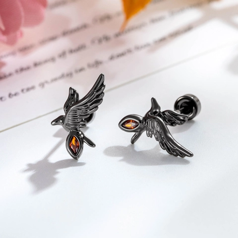 Clou d'Oreille Aigle Gothique Unisexe Cuivre Incrusté de Zirconia Double Tête Fermoir à Vis Piercing Bijoux Pièce Unique