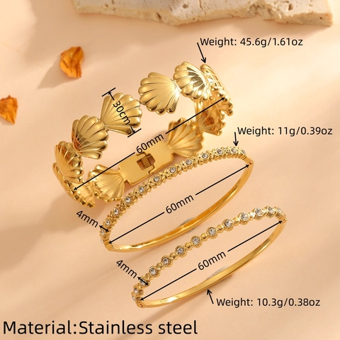 Bracciale Rigido in Acciaio Inossidabile Placcato Oro 18K Fiore Conchiglia Strass per Donna Elegante Gioielli di Moda Occidentale