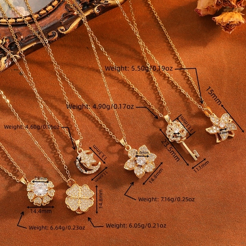 Damen Titanstahl Kupfer Strass Anhänger Halskette Mode Luxus Blume Stern Mond Herz Schlüssel Schmuck Accessoires
