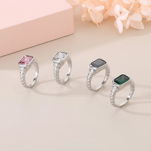 Vintage Rectangle Glass Inlaid Ring 316L Stainless Steel Rope Texture Twist Band Retro Waterproof Jewelry For Women