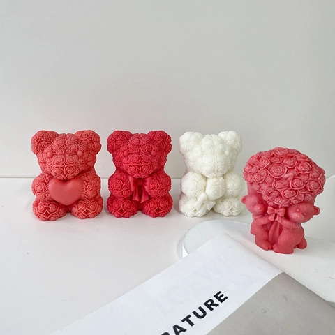 Molde de Silicona de Oso de Rosas de San Valentín Para DIY Vela Aromática Jabón Yeso Ornamento Diseño de Oso de Flores
