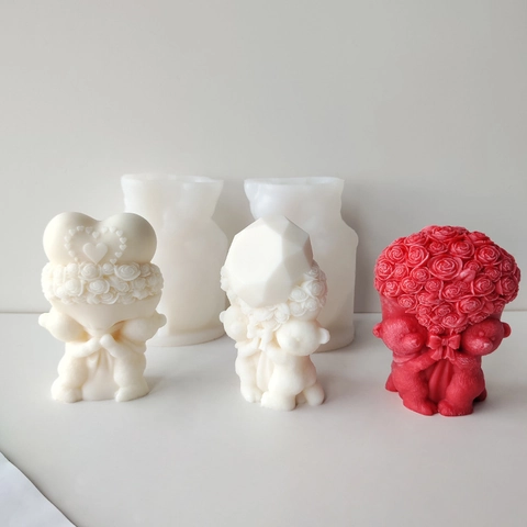 Valentijnsdag Beer Siliconen Vorm 3D DIY Geurkaars Gips Zeepvorm Hart Roos Diamant Beer Fondant Cake Bakvorm