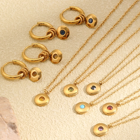 Stainless Steel Rhinestone Birthstone Round Disc Pendant Necklace Hoop Earrings For Women Niche Design Fashion Jewelry