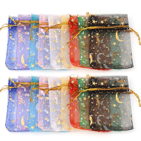Bolsas de Cordón de Organza con Patrón de Estrella y Luna Estampado en Oro Bolsa de Embalaje de Joyas para Boda Caramelos Regalo Bolsas de Malla Multicolor