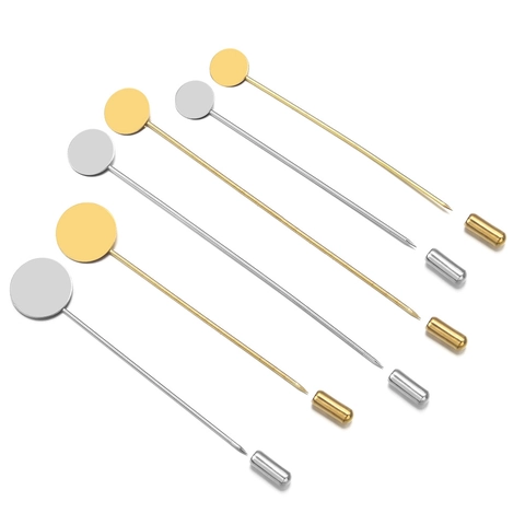 Copper Stick Brooch Pin Base With Round Flat Tray And Safety Cap Electroplated Long Straight Pin For DIY Jewelry Finding