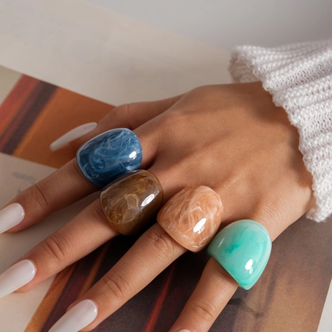 Vintage Resin Round Dome Ring Marble Pattern Wide Band Small Crowd Fashion Statement Jewelry For Women Finger Accessory